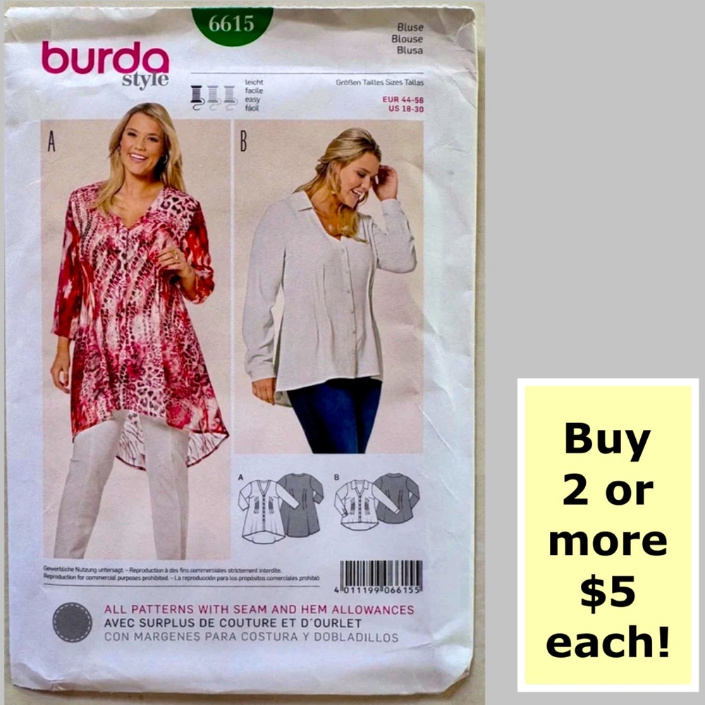 Burda 6615 Blouse Uncut Sewing Pattern (18-30)